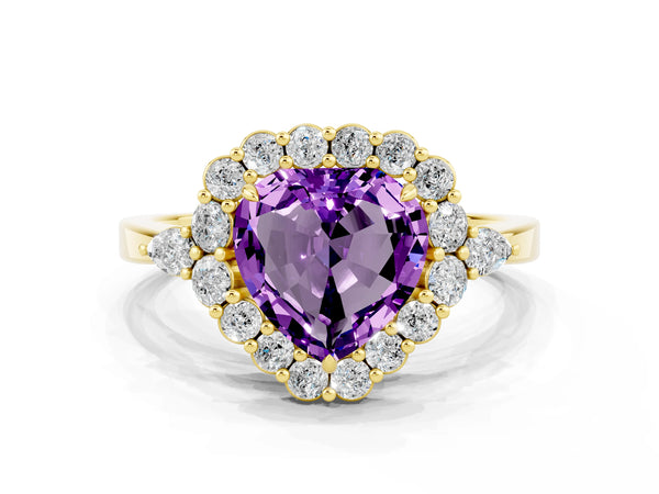 Yellow gold Heart Cut Amethyst Halo Ring with Pear Side Stones and Prong Setting