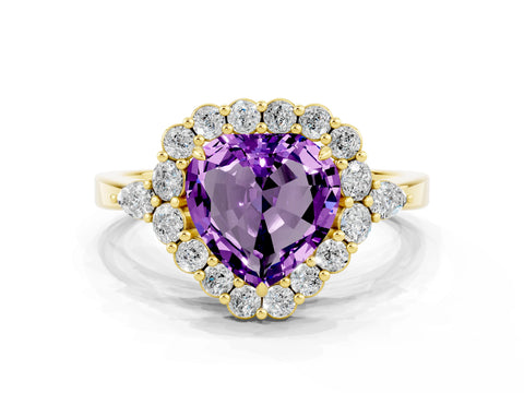 Yellow gold Heart Cut Amethyst Halo Ring with Pear Side Stones and Prong Setting_12