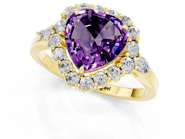 Yellow gold Heart Cut Amethyst Halo Ring with Pear Side Stones and Prong Setting