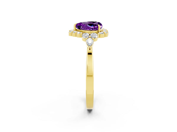 Yellow gold Heart Cut Amethyst Halo Ring with Pear Side Stones and Prong Setting