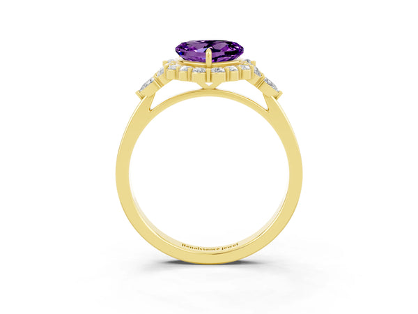 Yellow gold Heart Cut Amethyst Halo Ring with Pear Side Stones and Prong Setting