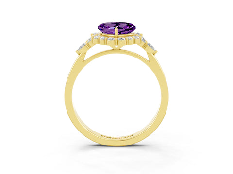 Yellow gold Heart Cut Amethyst Halo Ring with Pear Side Stones and Prong Setting_15