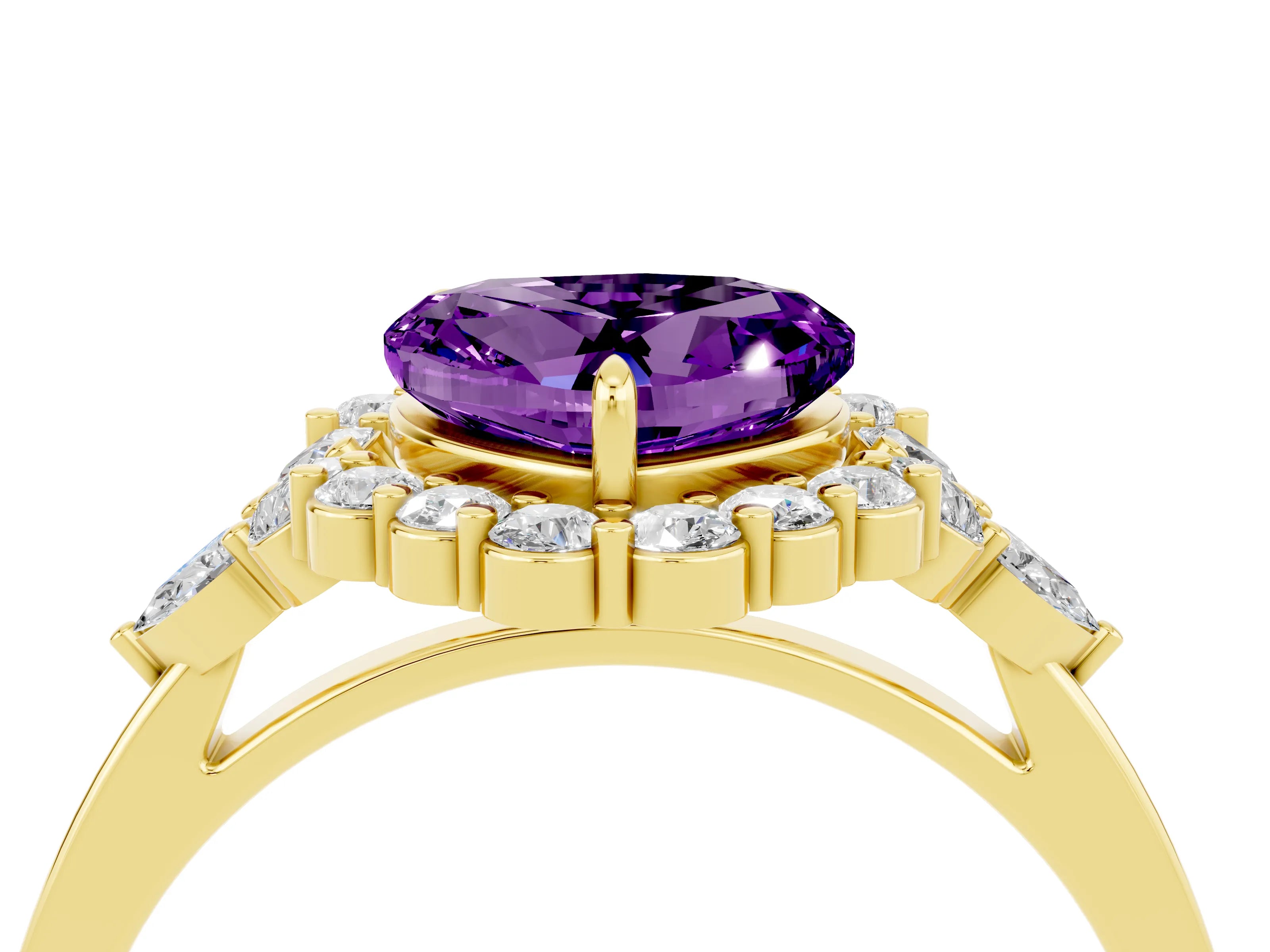 Yellow gold Heart Cut Amethyst Halo Ring with Pear Side Stones and Prong Setting_16