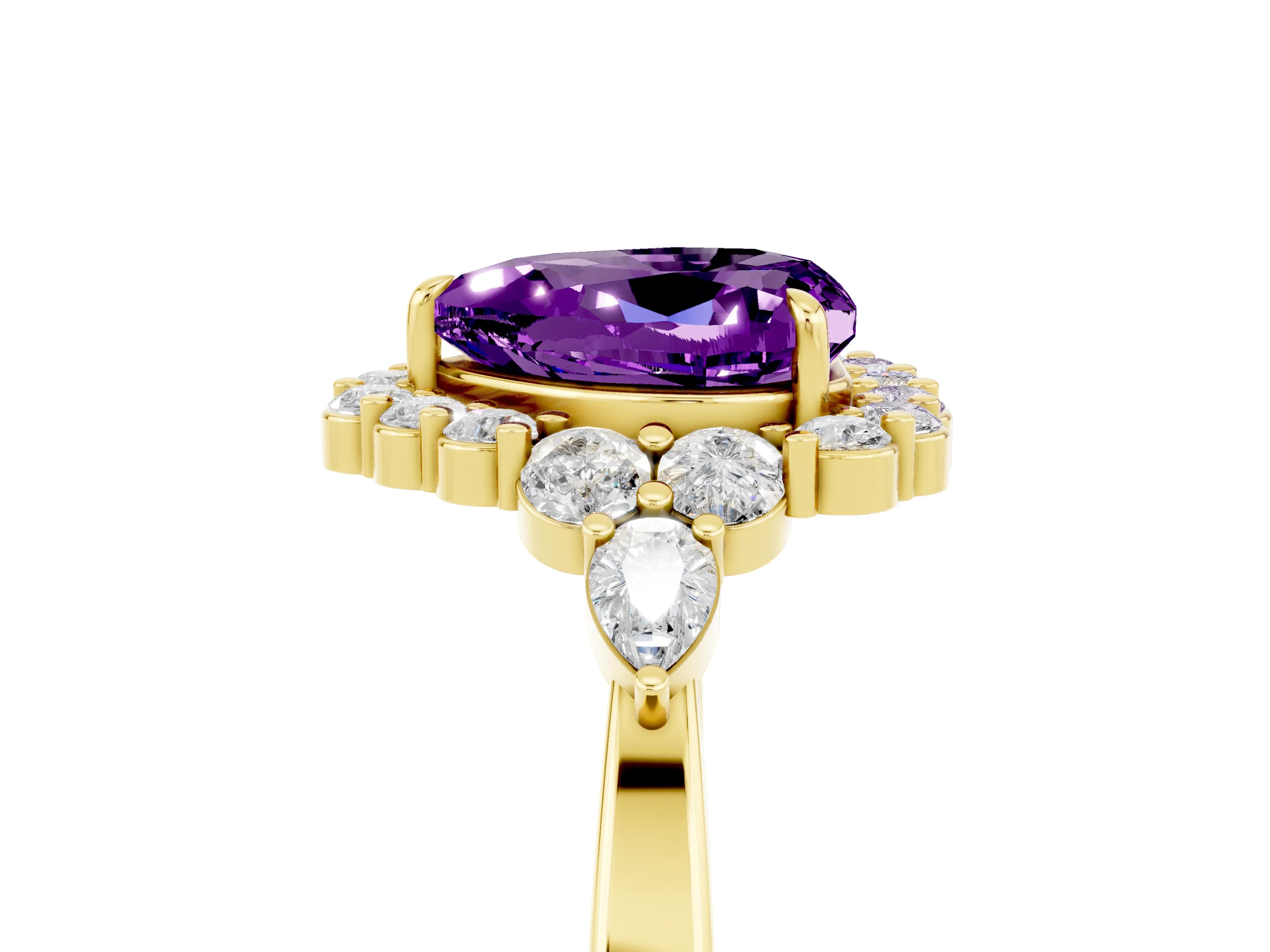 Yellow gold Heart Cut Amethyst Halo Ring with Pear Side Stones and Prong Setting_17