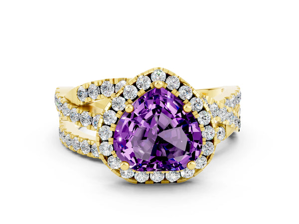 Yellow gold Heart Cut Amethyst Halo Ring with Round Split Shank and Prong Setting