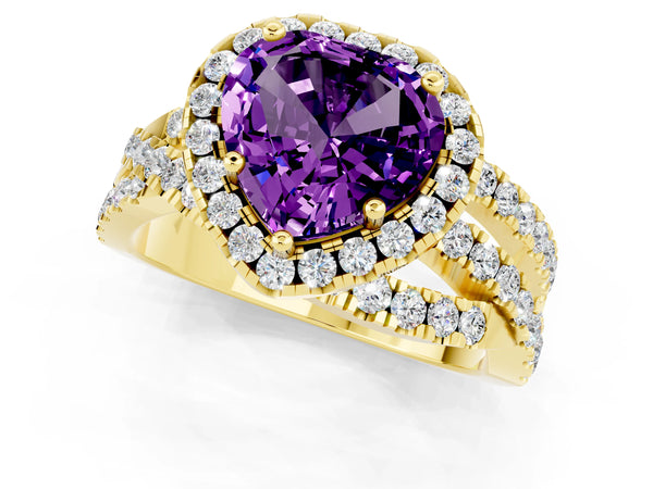 Yellow gold Heart Cut Amethyst Halo Ring with Round Split Shank and Prong Setting