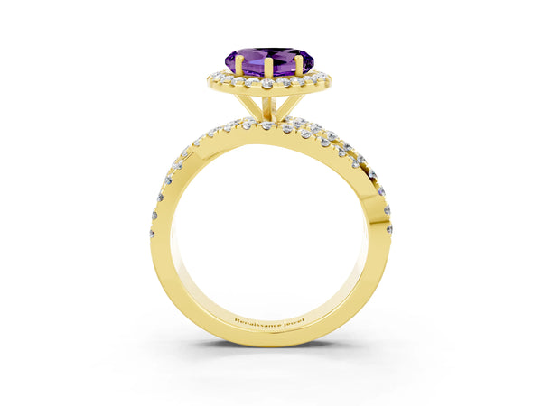 Yellow gold Heart Cut Amethyst Halo Ring with Round Split Shank and Prong Setting
