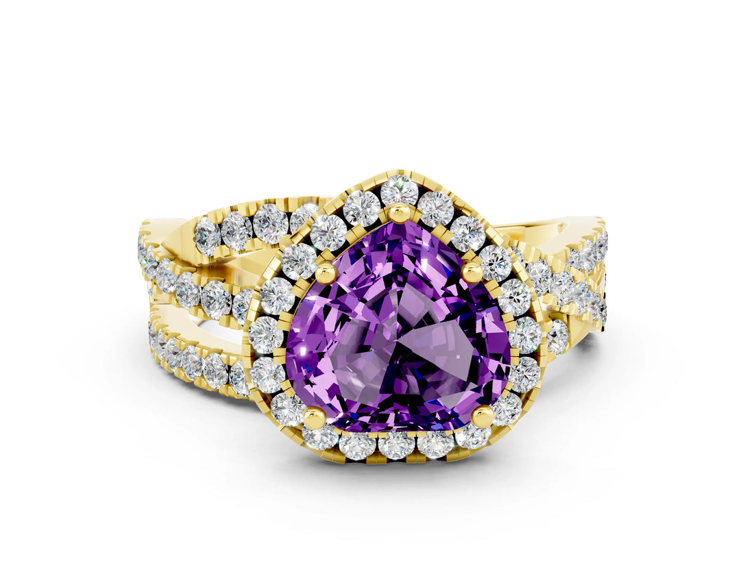 Yellow gold Heart Cut Amethyst Halo Ring with Round Split Shank and Prong Setting_48
