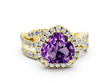 Yellow gold Heart Cut Amethyst Halo Ring with Round Split Shank and Prong Setting_48