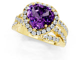 Yellow gold Heart Cut Amethyst Halo Ring with Round Split Shank and Prong Setting_49