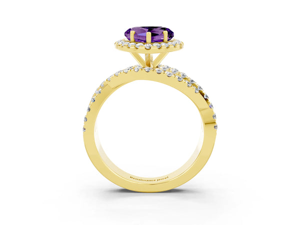 Yellow Gold Heart-Shaped Amethyst Halo Engagement Ring with Twisted Pave Split Shank