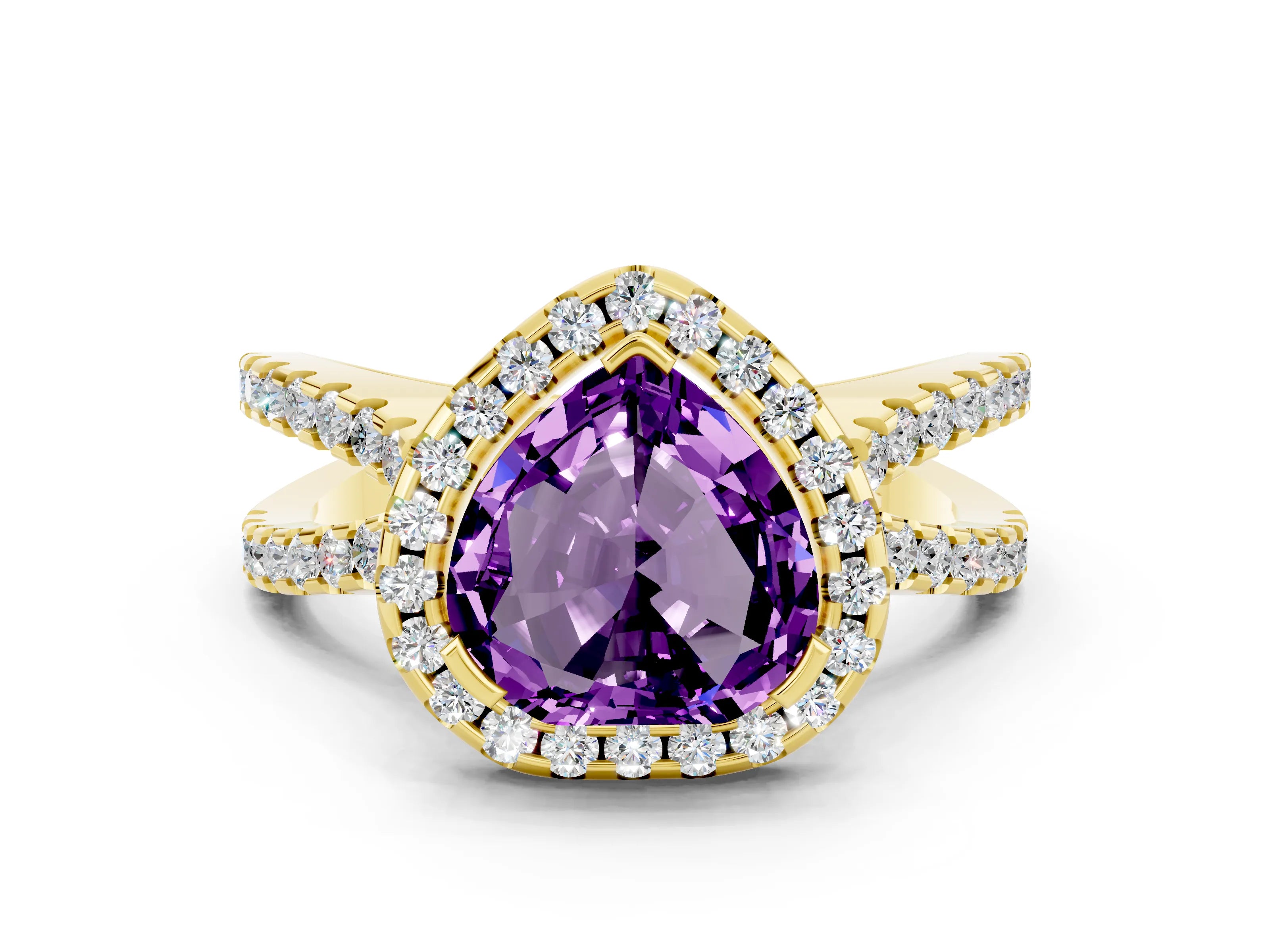 Yellow gold Heart Cut Amethyst Halo Ring with Split Shank Pavé Band and Prong Setting