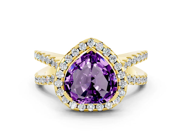 Yellow gold Heart Cut Amethyst Halo Ring with Split Shank Pavé Band and Prong Setting