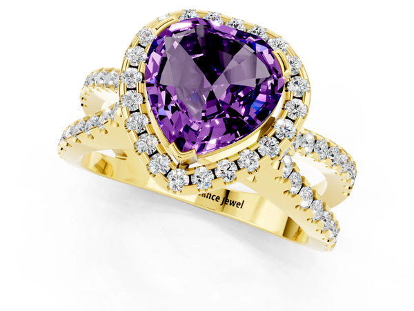 Yellow gold Heart Cut Amethyst Halo Ring with Split Shank Pavé Band and Prong Setting