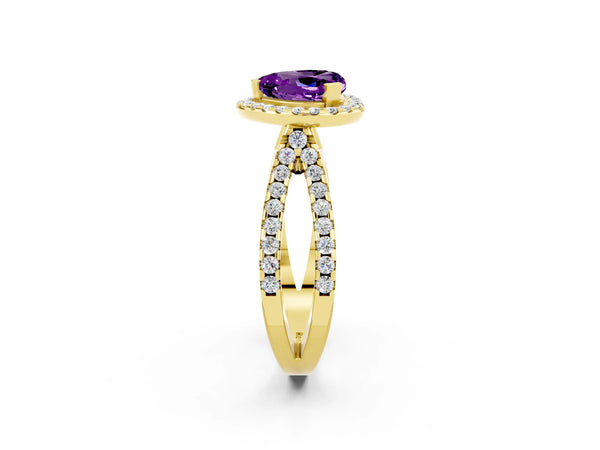 Yellow gold Heart Cut Amethyst Halo Ring with Split Shank Pavé Band and Prong Setting
