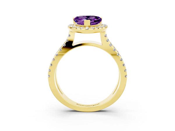 Yellow gold Heart Cut Amethyst Halo Ring with Split Shank Pavé Band and Prong Setting