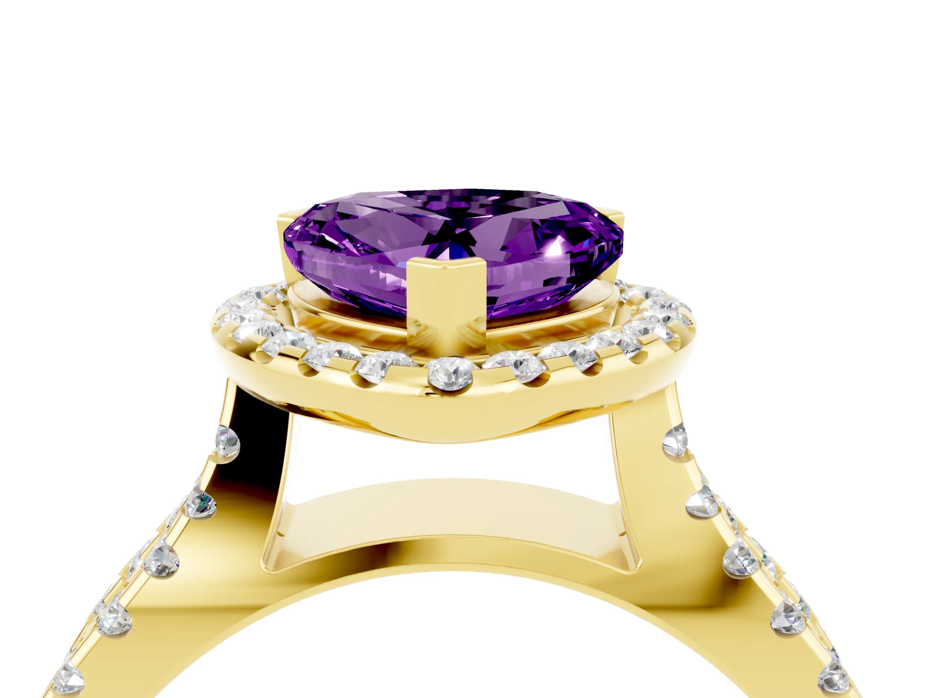 Yellow gold Heart Cut Amethyst Halo Ring with Split Shank Pavé Band and Prong Setting_4
