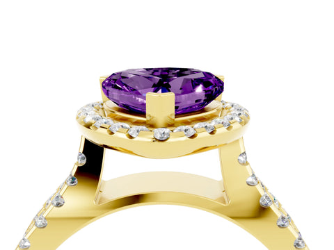 Yellow gold Heart Cut Amethyst Halo Ring with Split Shank Pavé Band and Prong Setting_4