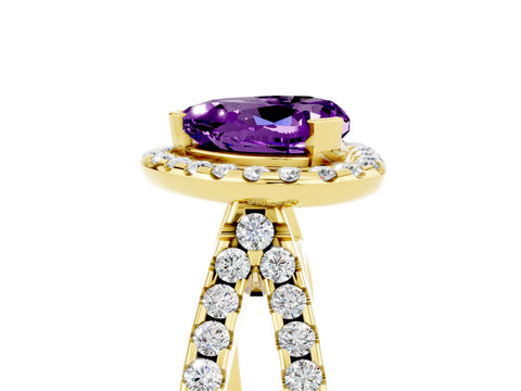 Yellow gold Heart Cut Amethyst Halo Ring with Split Shank Pavé Band and Prong Setting_5