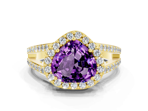 Yellow gold Heart Cut Amethyst Halo Ring with Split Shank U-Prong Band and Four-Prong Setting