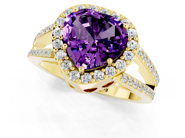 Yellow gold Heart Cut Amethyst Halo Ring with Split Shank U-Prong Band and Four-Prong Setting