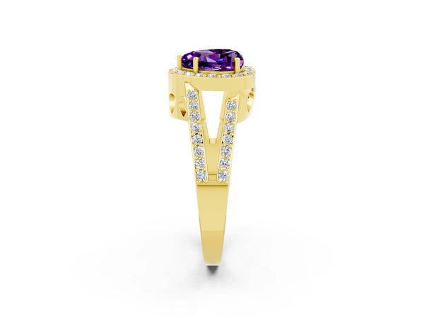 Yellow gold Heart Cut Amethyst Halo Ring with Split Shank U-Prong Band and Four-Prong Setting