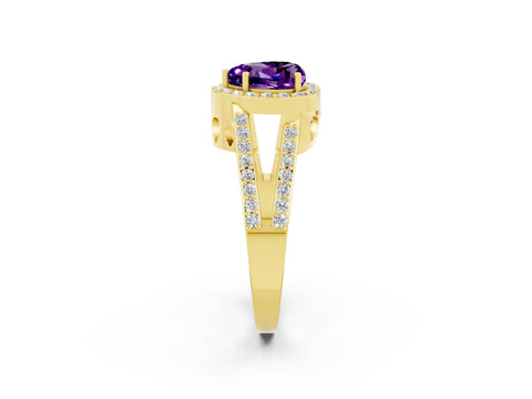 Yellow gold Heart Cut Amethyst Halo Ring with Split Shank U-Prong Band and Four-Prong Setting_2