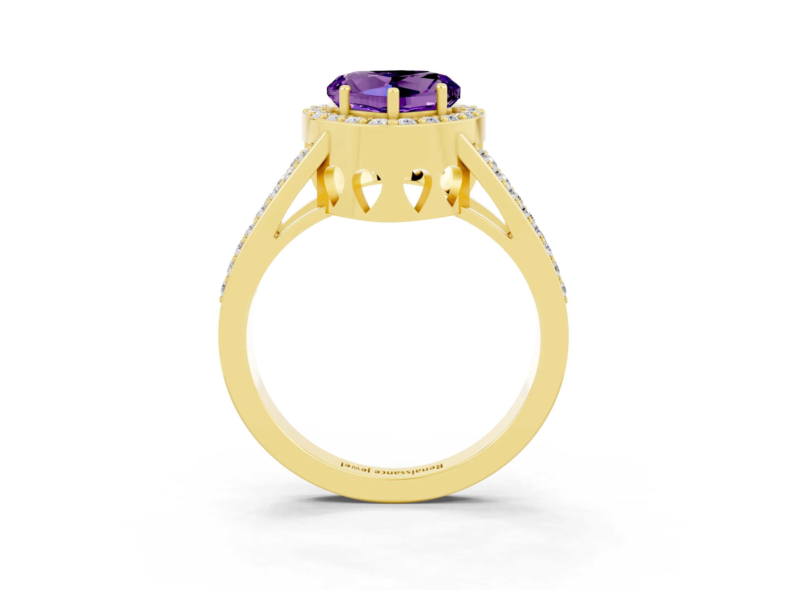 Yellow gold Heart Cut Amethyst Halo Ring with Split Shank U-Prong Band and Four-Prong Setting_3