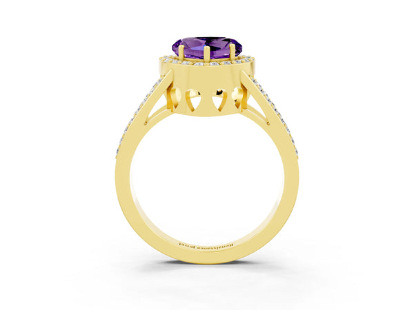 Yellow gold Heart Cut Amethyst Halo Ring with Split Shank U-Prong Band and Four-Prong Setting
