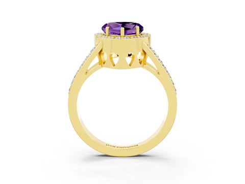 Yellow gold Heart Cut Amethyst Halo Ring with Split Shank U-Prong Band and Four-Prong Setting_3
