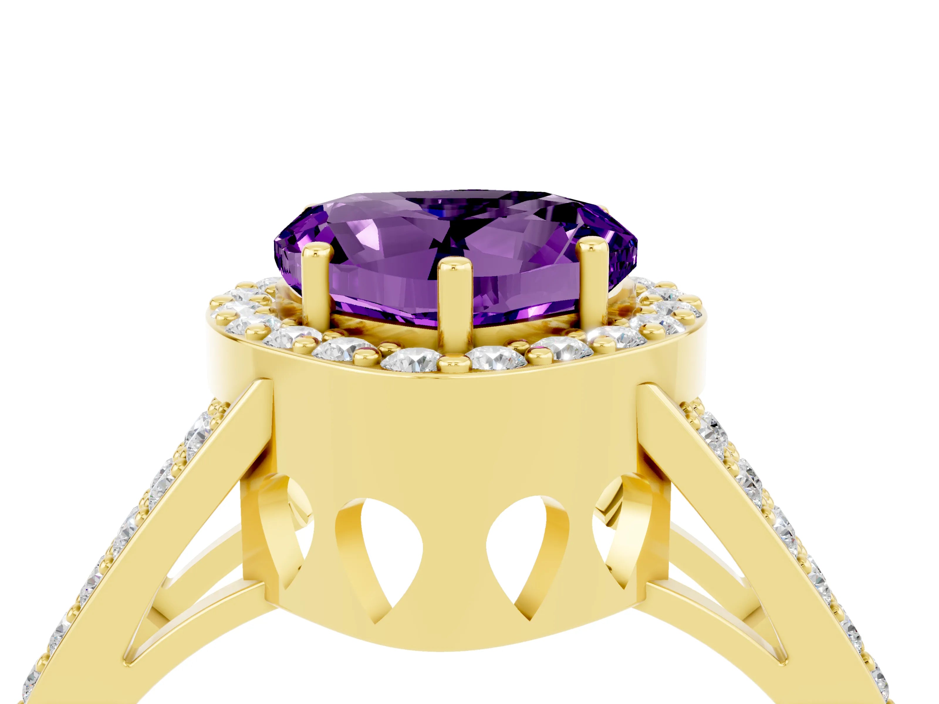 Yellow gold Heart Cut Amethyst Halo Ring with Split Shank U-Prong Band and Four-Prong Setting_4