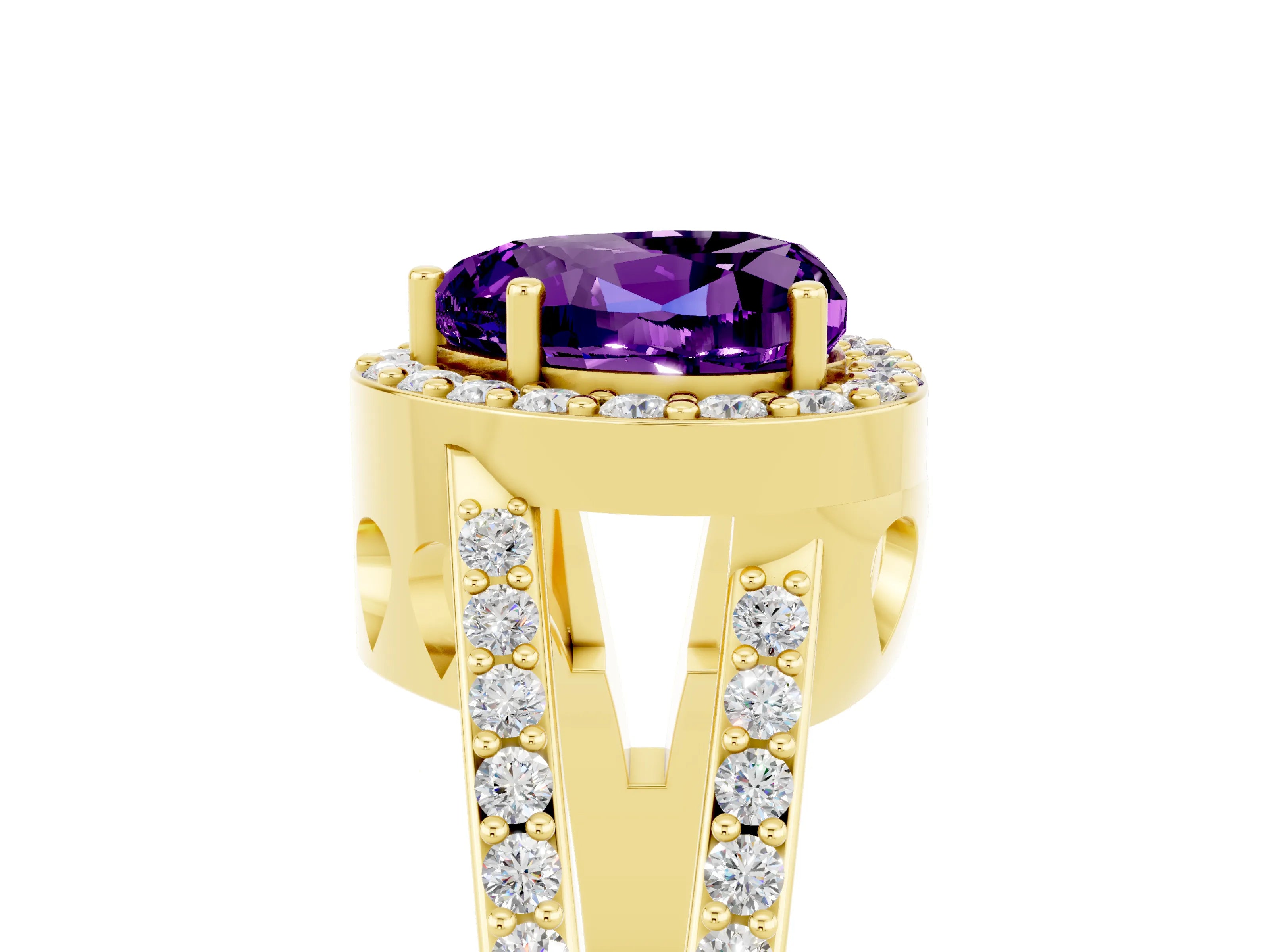 Yellow gold Heart Cut Amethyst Halo Ring with Split Shank U-Prong Band and Four-Prong Setting_5