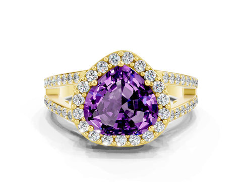 Yellow gold Heart Cut Amethyst Halo Ring with Split Shank U-Prong Band and Four-Prong Setting
