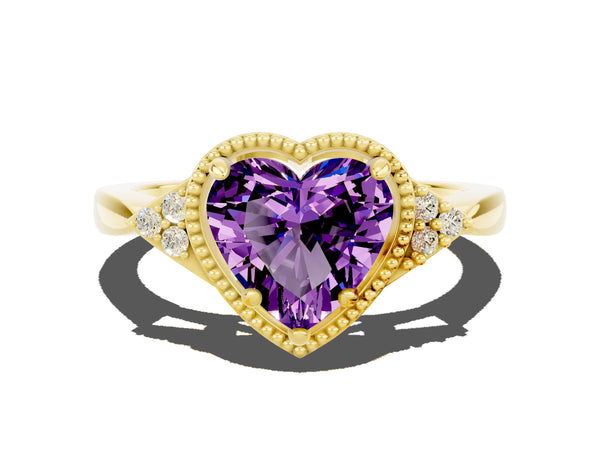 Yellow gold Heart Cut Amethyst Halo Ring with Tapered Band and Four-Prong Setting
