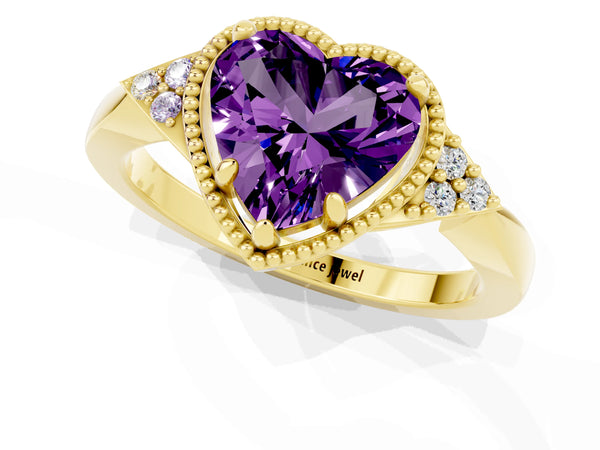 Yellow gold Heart Cut Amethyst Halo Ring with Tapered Band and Four-Prong Setting