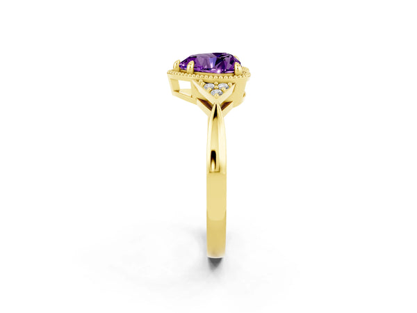 Yellow gold Heart Cut Amethyst Halo Ring with Tapered Band and Four-Prong Setting