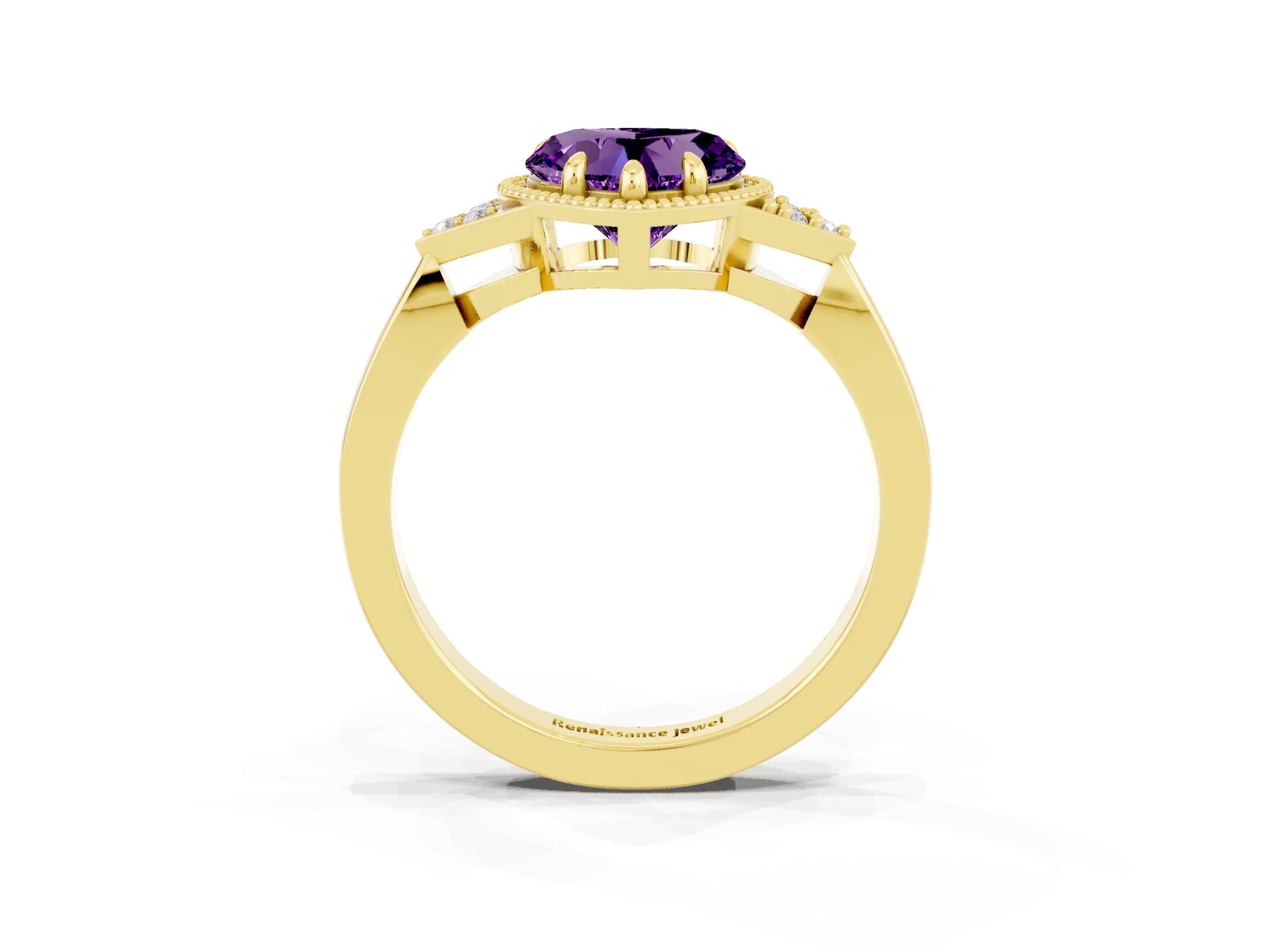 Yellow gold Heart Cut Amethyst Halo Ring with Tapered Band and Four-Prong Setting_3