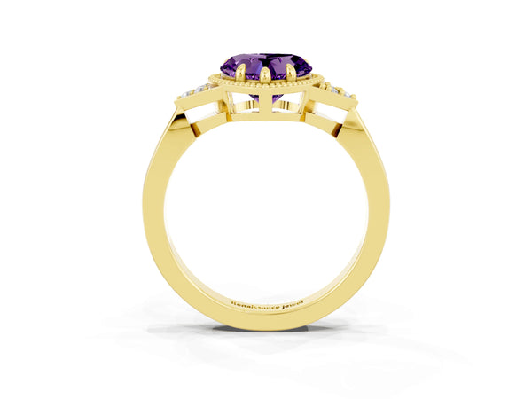 Yellow gold Heart Cut Amethyst Halo Ring with Tapered Band and Four-Prong Setting