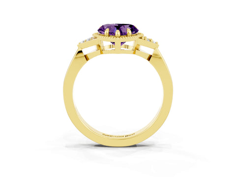 Yellow gold Heart Cut Amethyst Halo Ring with Tapered Band and Four-Prong Setting_3