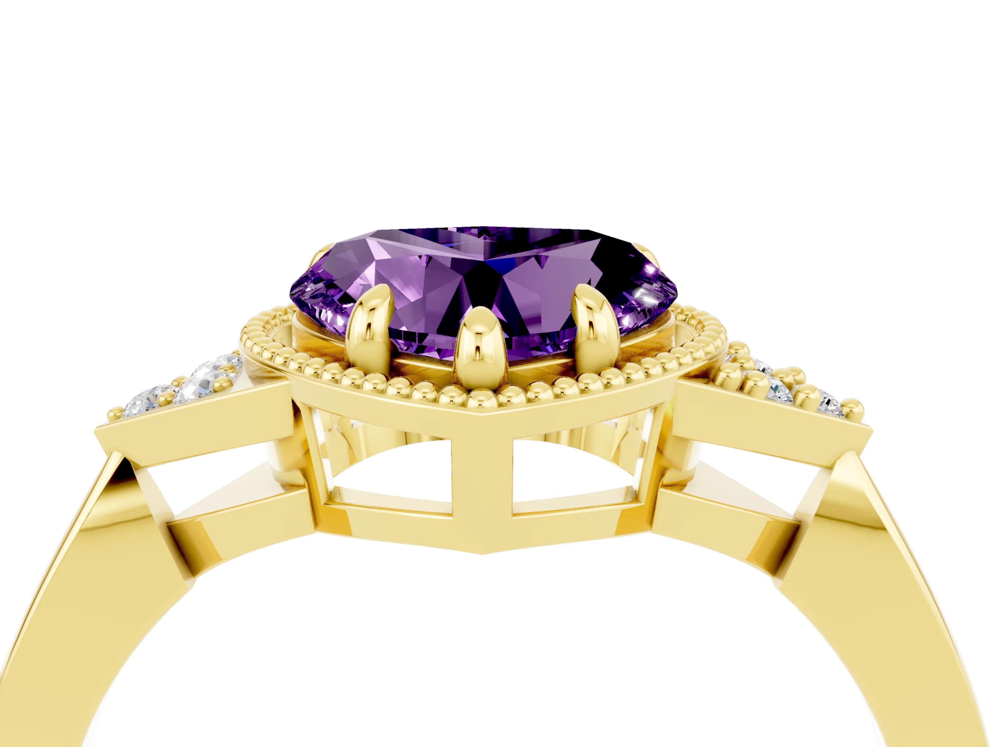 Yellow gold Heart Cut Amethyst Halo Ring with Tapered Band and Four-Prong Setting_4
