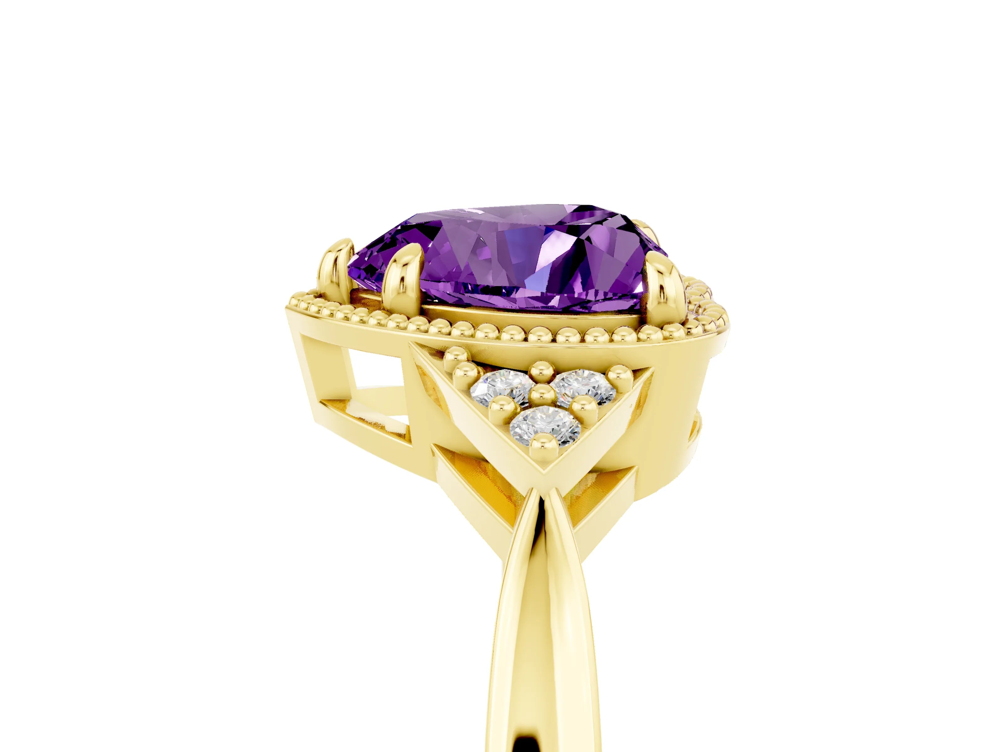 Yellow gold Heart Cut Amethyst Halo Ring with Tapered Band and Four-Prong Setting_5