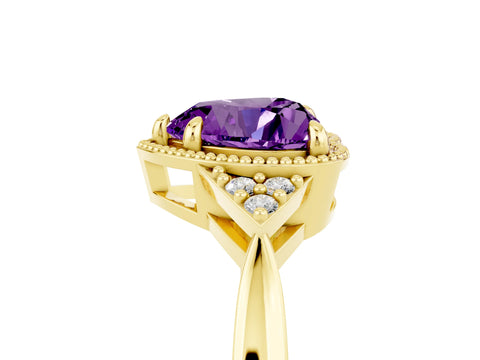 Yellow gold Heart Cut Amethyst Halo Ring with Tapered Band and Four-Prong Setting_5