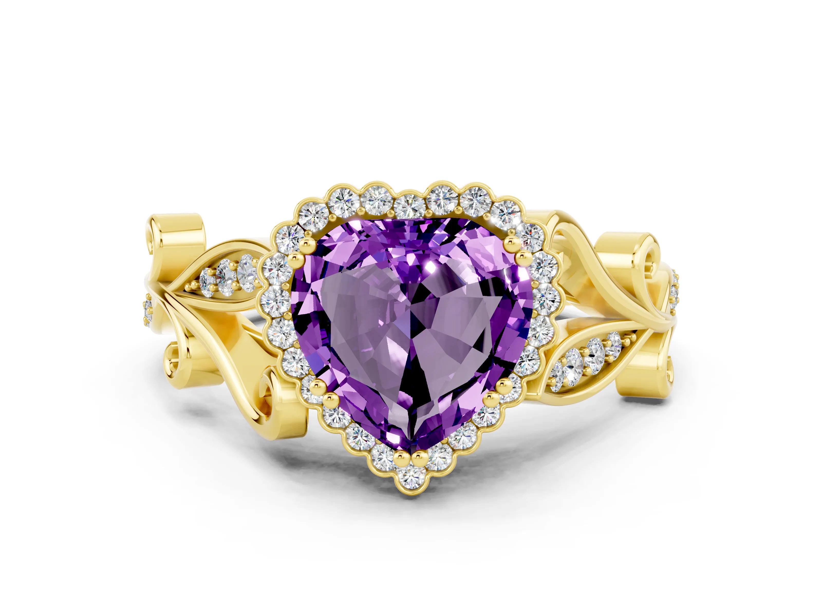Yellow gold Heart Cut Amethyst Halo Ring with Vintage Split Shank and Four-Prong Setting