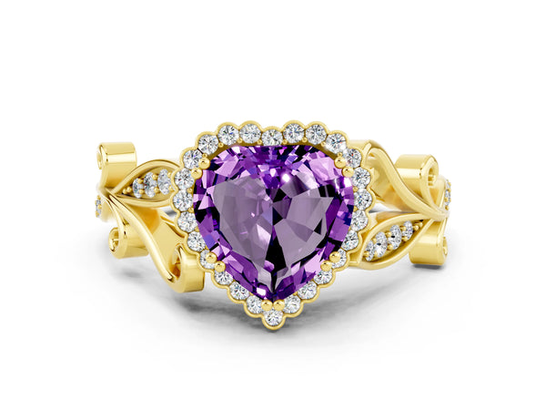 Yellow gold Heart Cut Amethyst Halo Ring with Vintage Split Shank and Four-Prong Setting