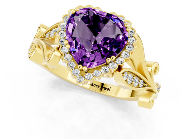 Yellow gold Heart Cut Amethyst Halo Ring with Vintage Split Shank and Four-Prong Setting