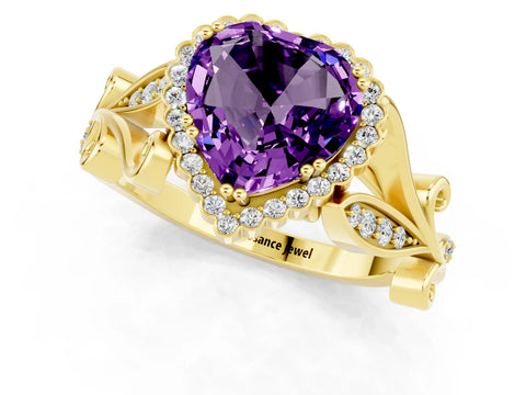 Yellow gold Heart Cut Amethyst Halo Ring with Vintage Split Shank and Four-Prong Setting_1
