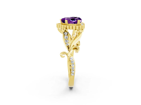 Yellow gold Heart Cut Amethyst Halo Ring with Vintage Split Shank and Four-Prong Setting