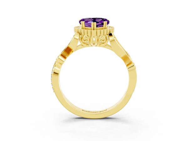 Yellow gold Heart Cut Amethyst Halo Ring with Vintage Split Shank and Four-Prong Setting