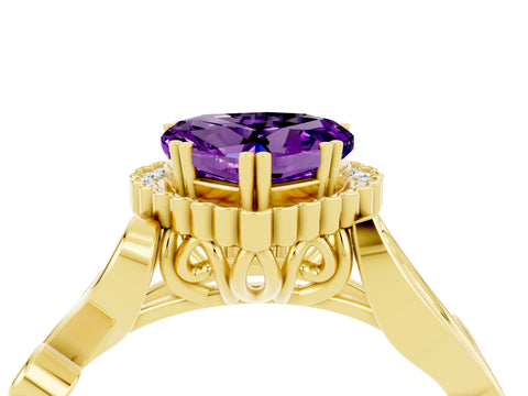 Yellow gold Heart Cut Amethyst Halo Ring with Vintage Split Shank and Four-Prong Setting_4