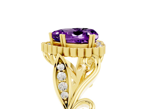 Yellow gold Heart Cut Amethyst Halo Ring with Vintage Split Shank and Four-Prong Setting_5